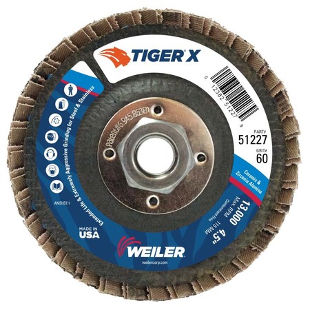 Weiler 4-1/2" Tiger X Flap Disc, Flat (TY27), Phenolic Backing, 60Z, 5/8-11" 51227
